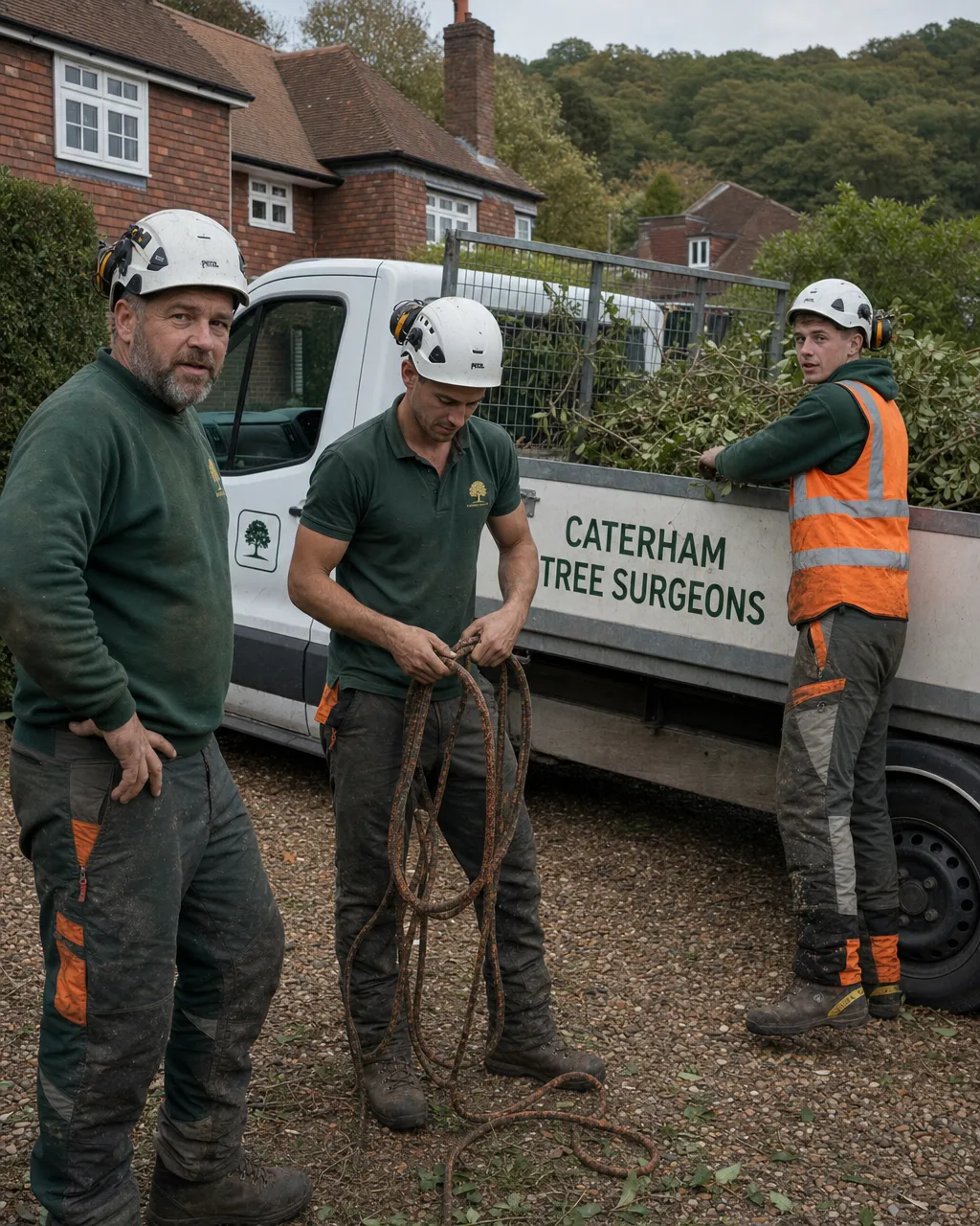 The Caterham Tree Surgeons crew of three with their tipper truck on a residential job in Surrey