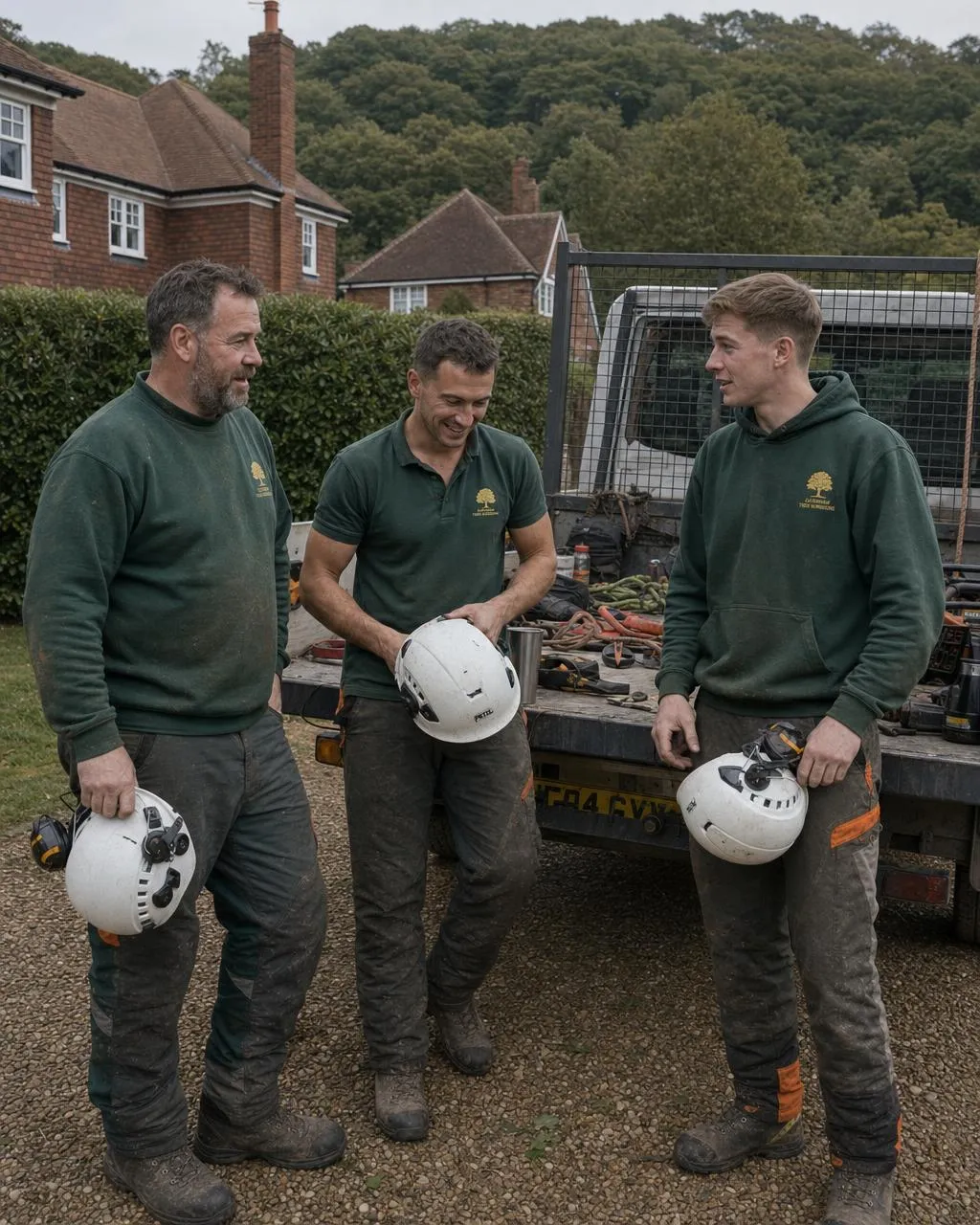 The three-man Caterham Tree Surgeons crew at the back of their truck