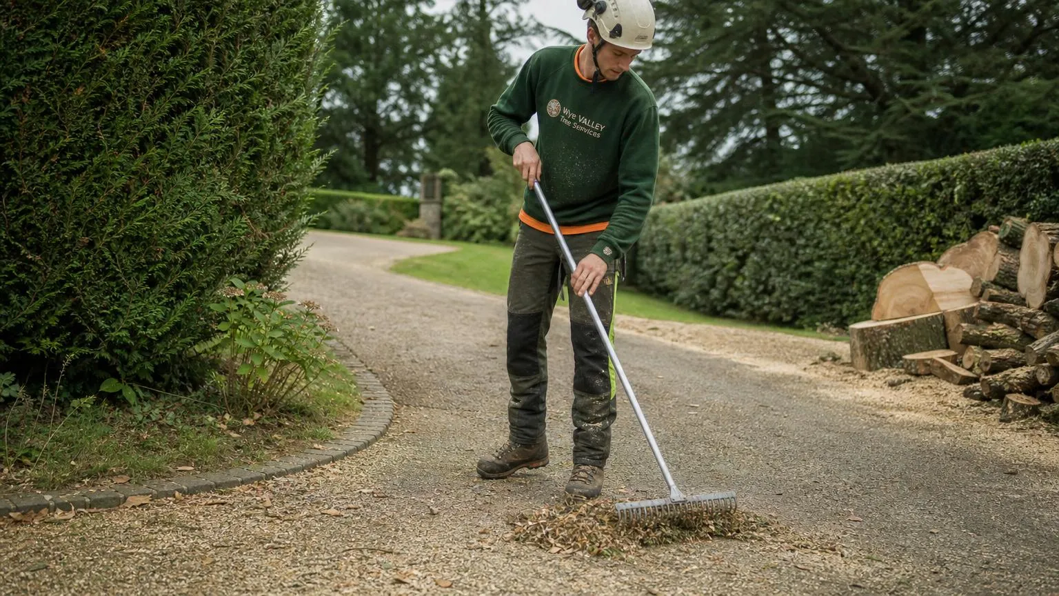 A tree surgeon raking and clearing a driveway at the end of a job in Caterham
