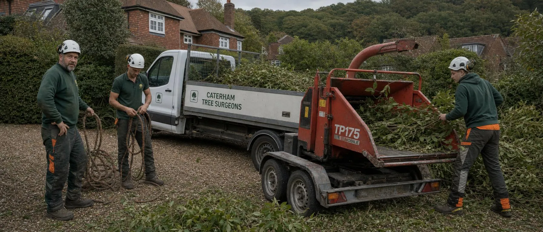 The Caterham Tree Surgeons team working with a wood chipper on a residential job